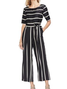 Vince Camuto Black and White Striped Wide-Leg Jumpsuit